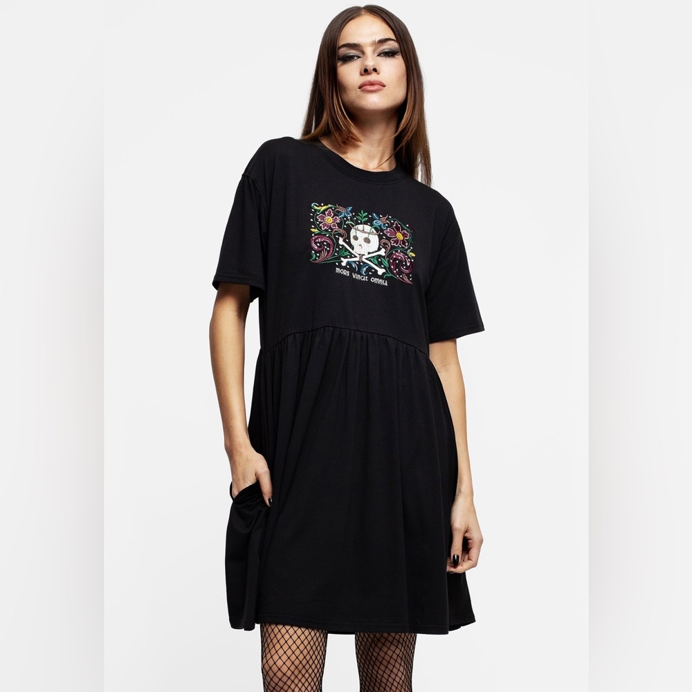 NWT Disturbia Death Conquers All Floral Skull Embroidered Mini Skater Dress US 6